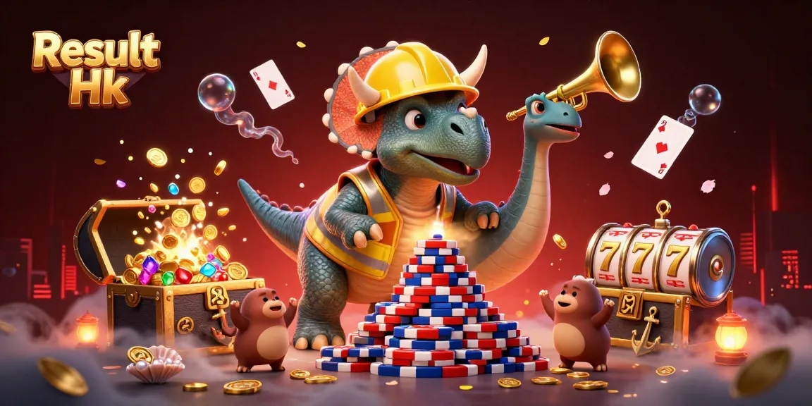 Cheering characters celebrate Result Hk with vibrant poker chips, games, and visually stunning elements.