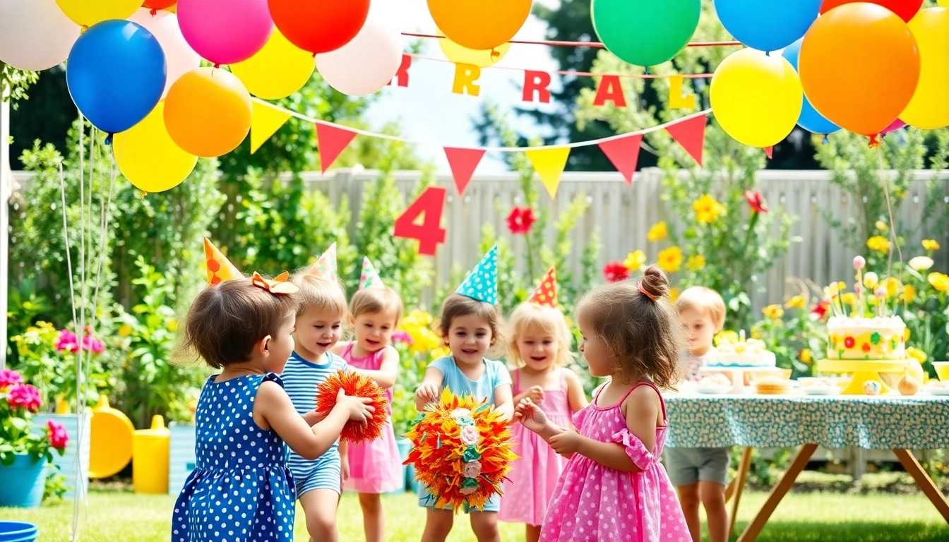 Kindergeburtstag 4 Jahre mit fröhlichen Kindern, bunten Ballons und festlicher Dekoration.
