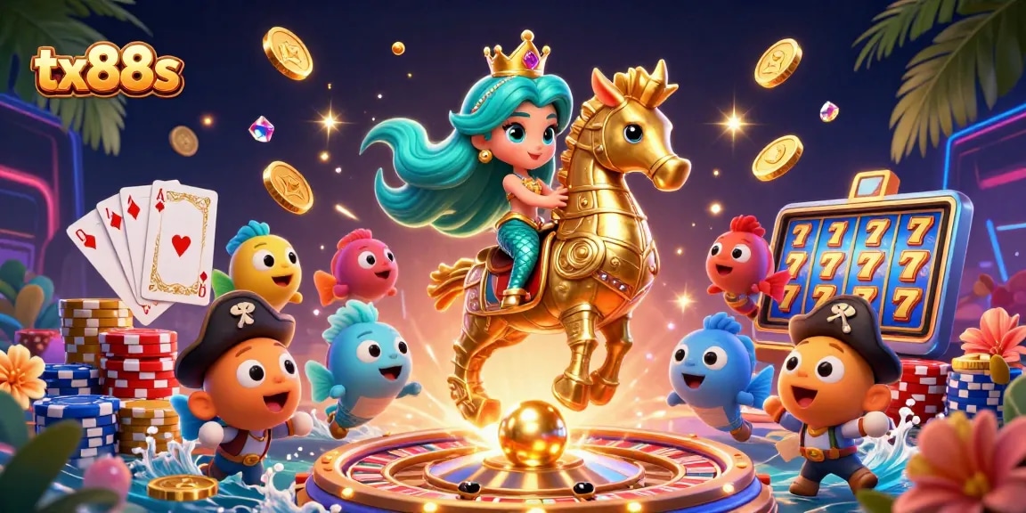 Engage with tx88s as a mermaid princess rides a seahorse amidst exciting casino imagery.
