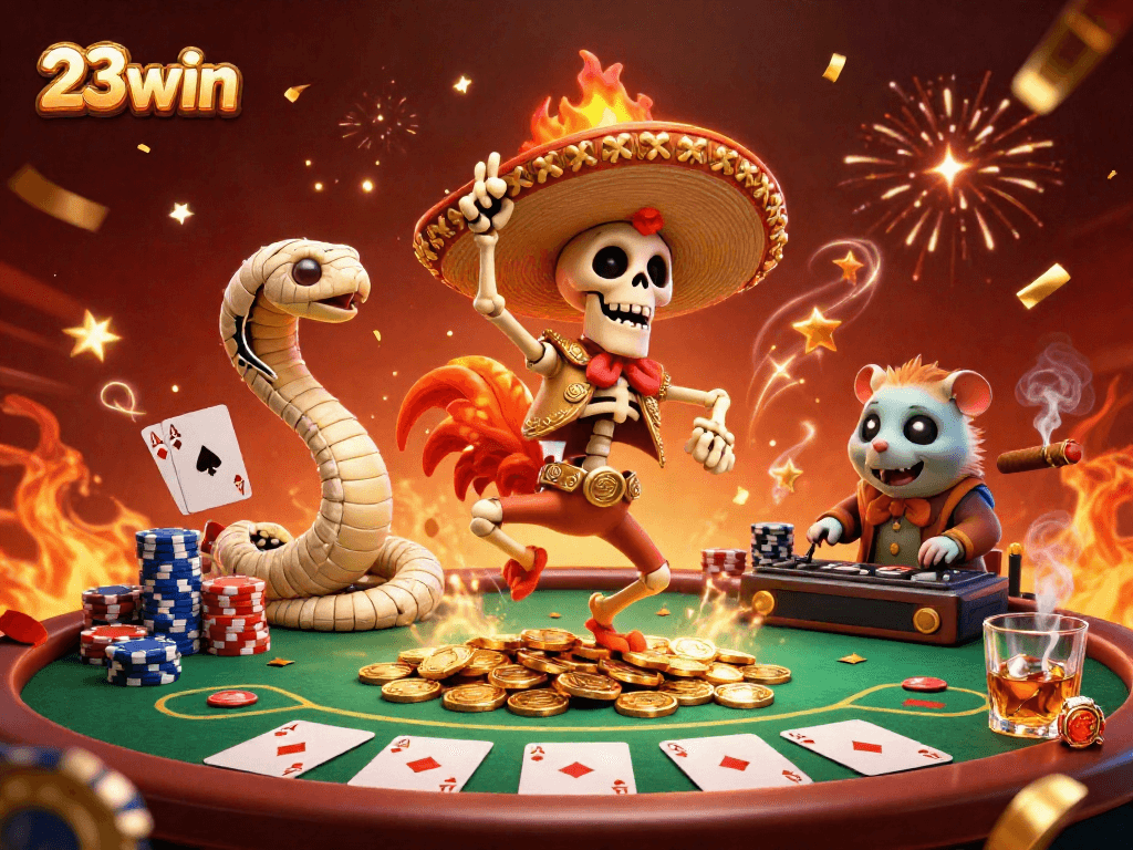 Experience the excitement of 23win with festive characters celebrating around a vibrant poker scene.