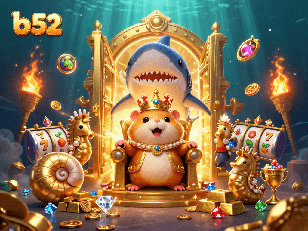 Engaging b 52 casino scene with golden hamster king and treasures in a vibrant underwater kingdom
