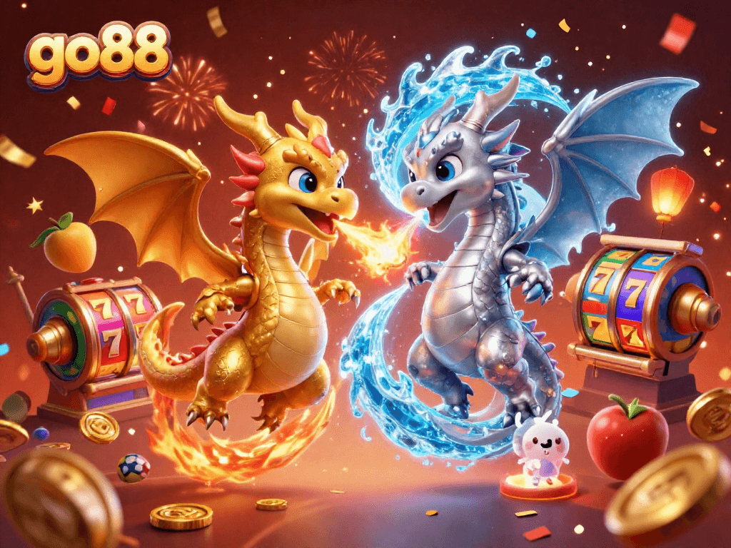 Engage with go88's dynamic casino action illustrated by vibrant dragons and slot machines.