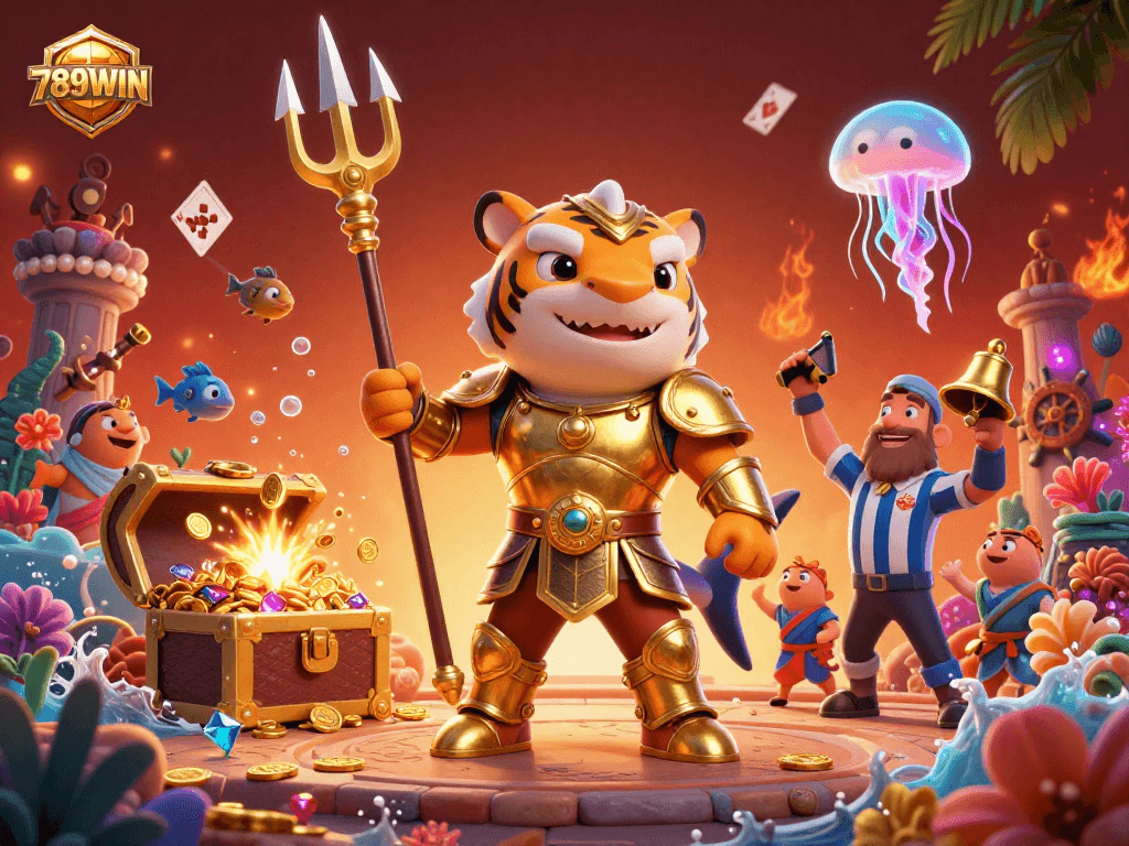 Experience the thrilling world of 789WIN with a gladiator shark in an underwater colosseum, surrounded by casino elements.