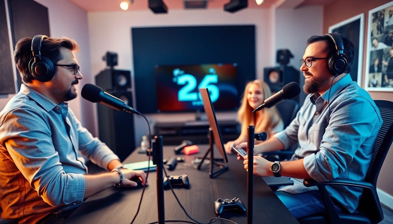 Hosts discussing Gaming Podcast with immersive audio setup in a vibrant podcast studio.