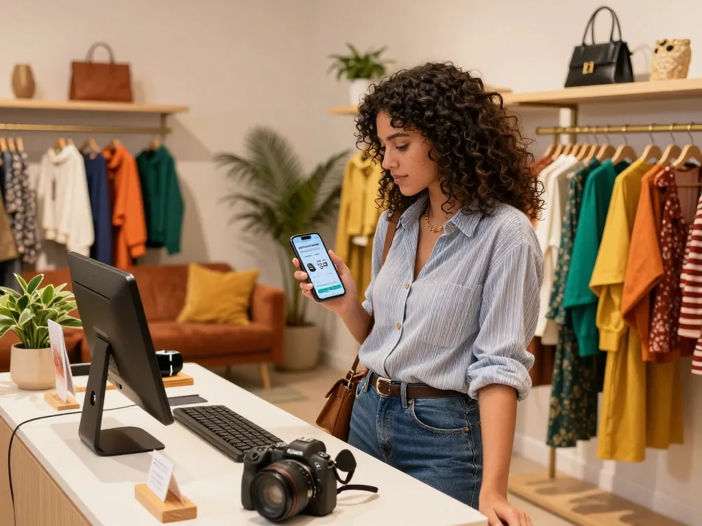 Stylische Frau, die in einer schicken Boutique durch Sofort Lieferbar Produkte stöbert, während Smartphones und trendige Outfits sichtbar sind.