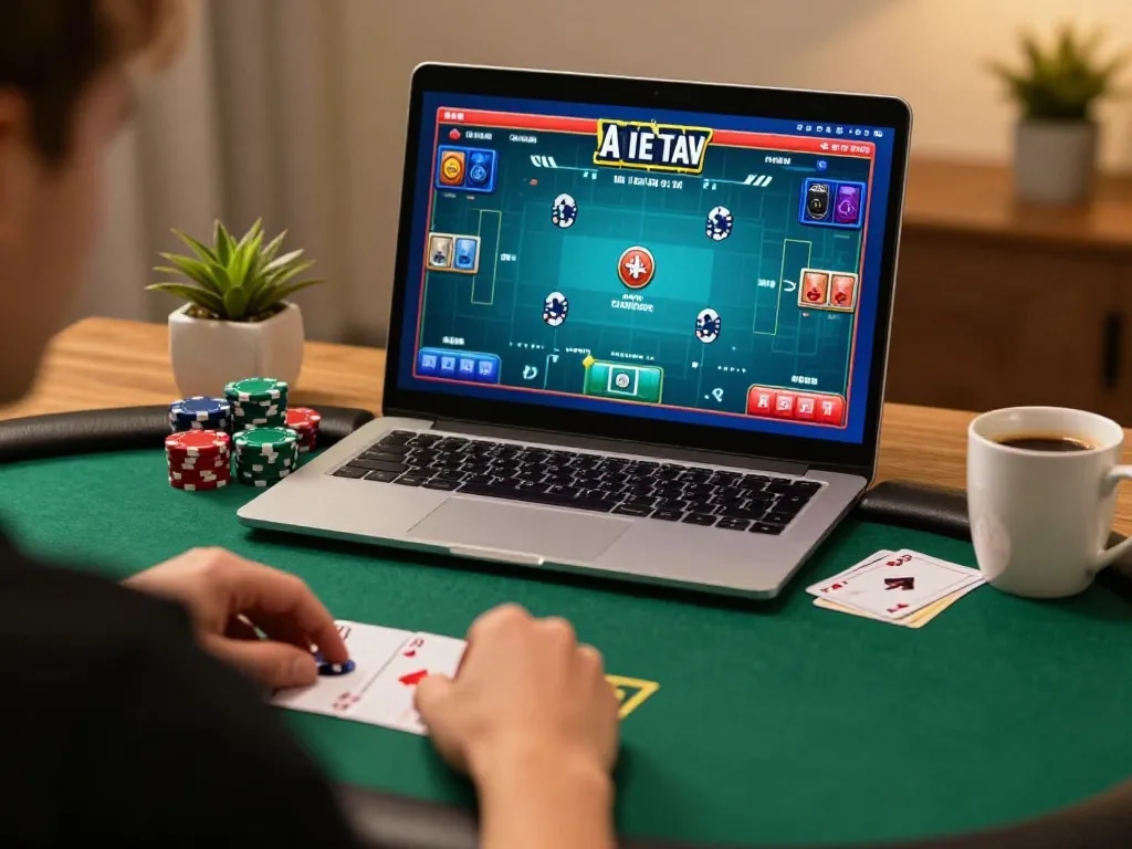 Player engaging in online poker at home with 78WIN app, showcasing gaming strategy and relaxation.