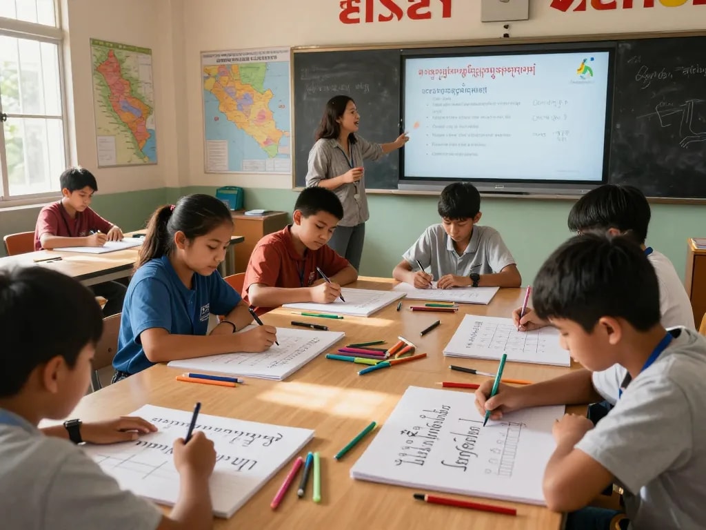 Studierende lernen die Khmer Schrift in einem lebhaften Klassenzimmer und üben das Schreiben von Zeichen.