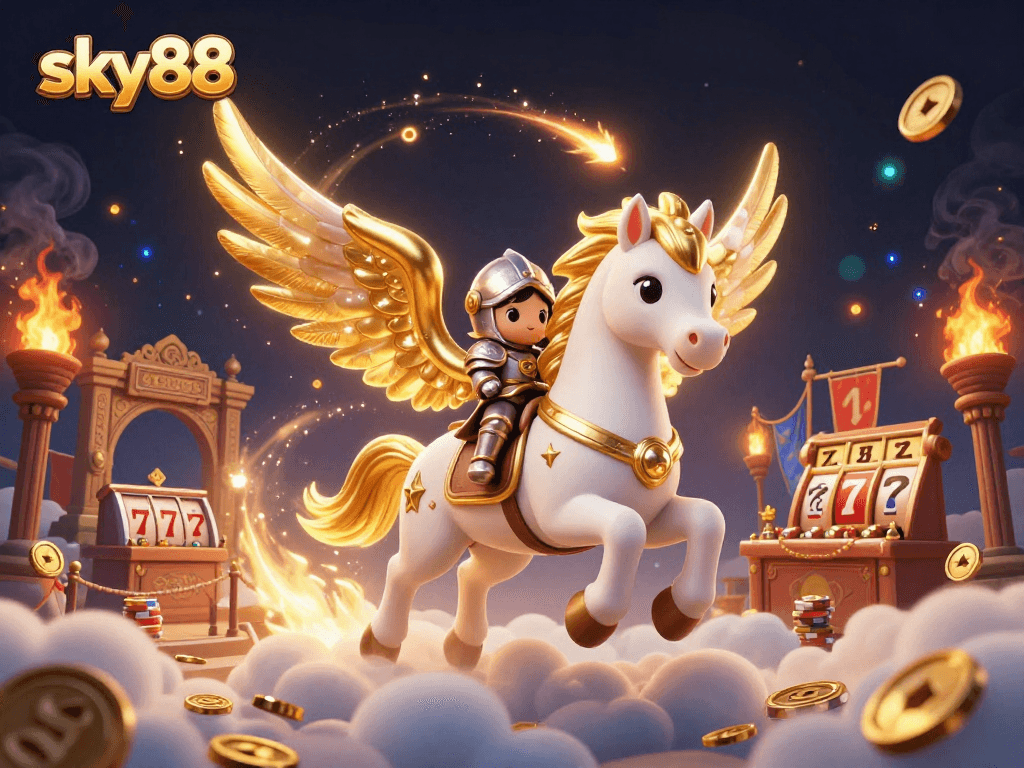 Engage with sky88's thrilling slots as a celestial horse gallops through a magical casino.