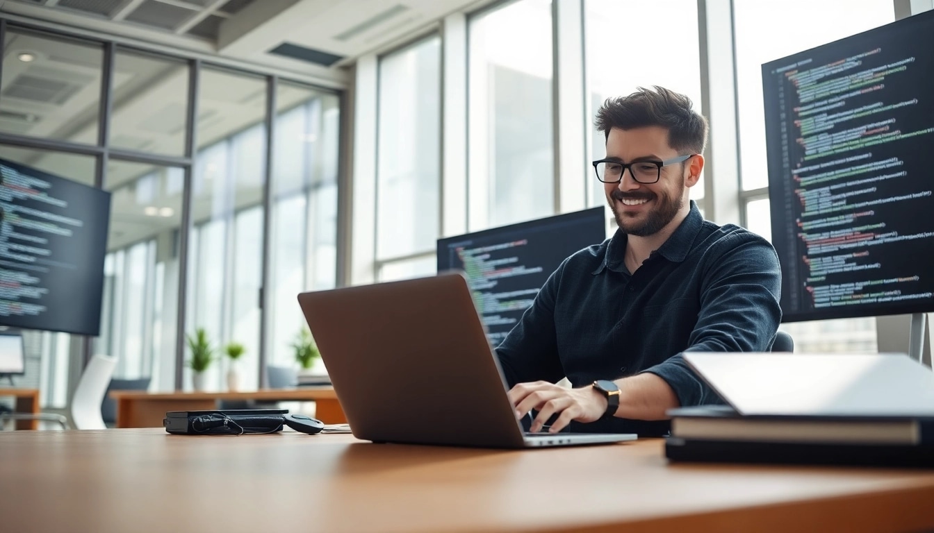 Shopware Entwickler beim Arbeiten an einem Laptop in einem modernen Büro.
