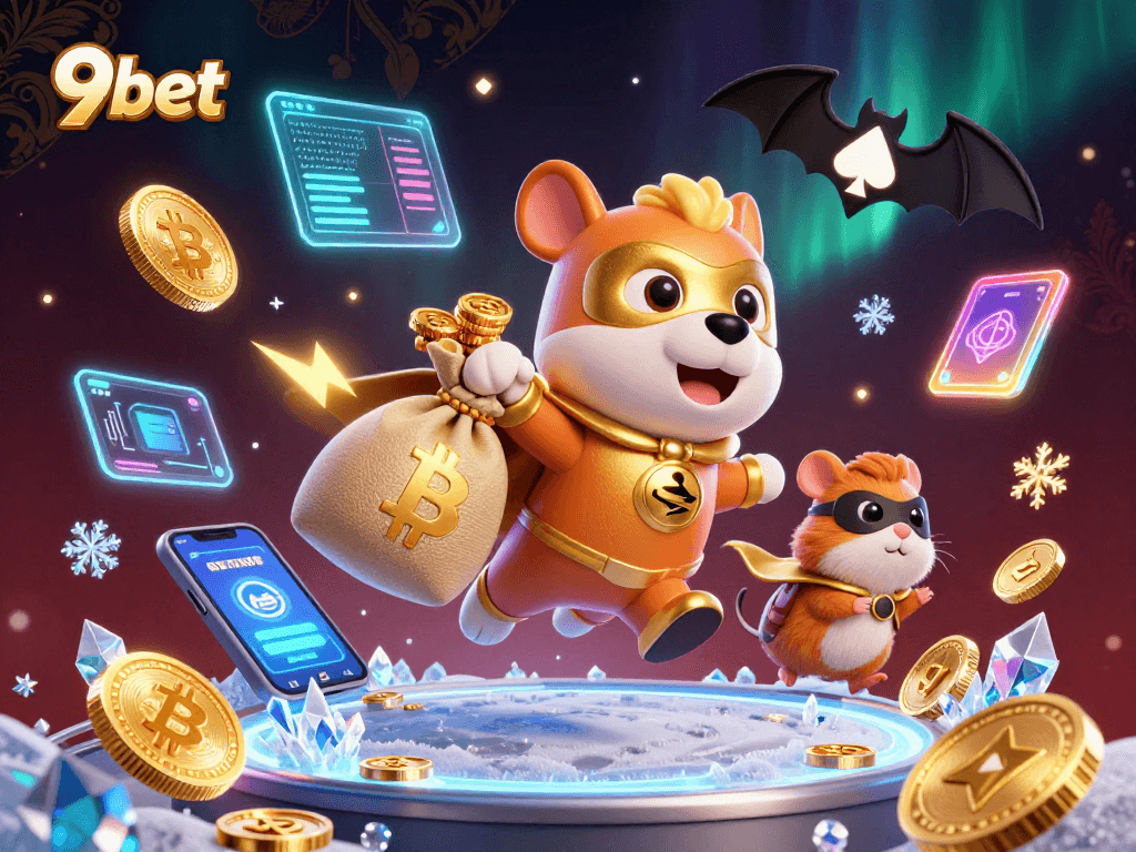 9bet showcases a superhero dog and hamster flying, capturing cryptocurrency excitement and gaming elements.