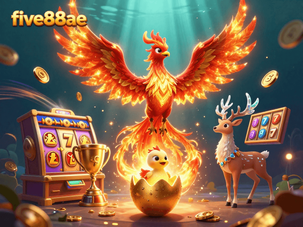 Experience the excitement of five88ae with a vibrant gaming scene showcasing a phoenix, golden treasures, and dynamic slot elements.