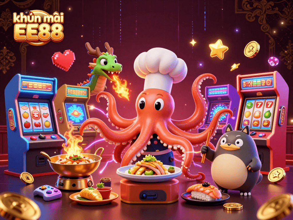 Experience exciting khuyến mãi EE88 at a vibrant casino scene with dynamic characters and game elements.