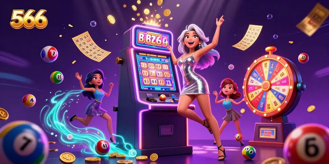 Spin to win at 566 with colorful lottery elements and an excited player celebrating a jackpot.
