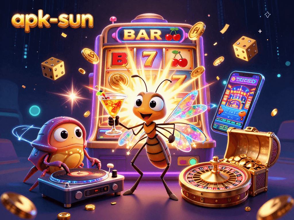 Engage with apk-sun's lively casino scene featuring a whimsical mosquito mascot, trilobite DJ, and thrilling game elements.
