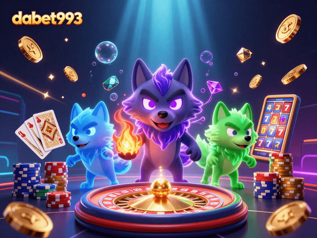 Experience thrilling gaming at dabet993, featuring vibrant 3D casino elements and dynamic characters.