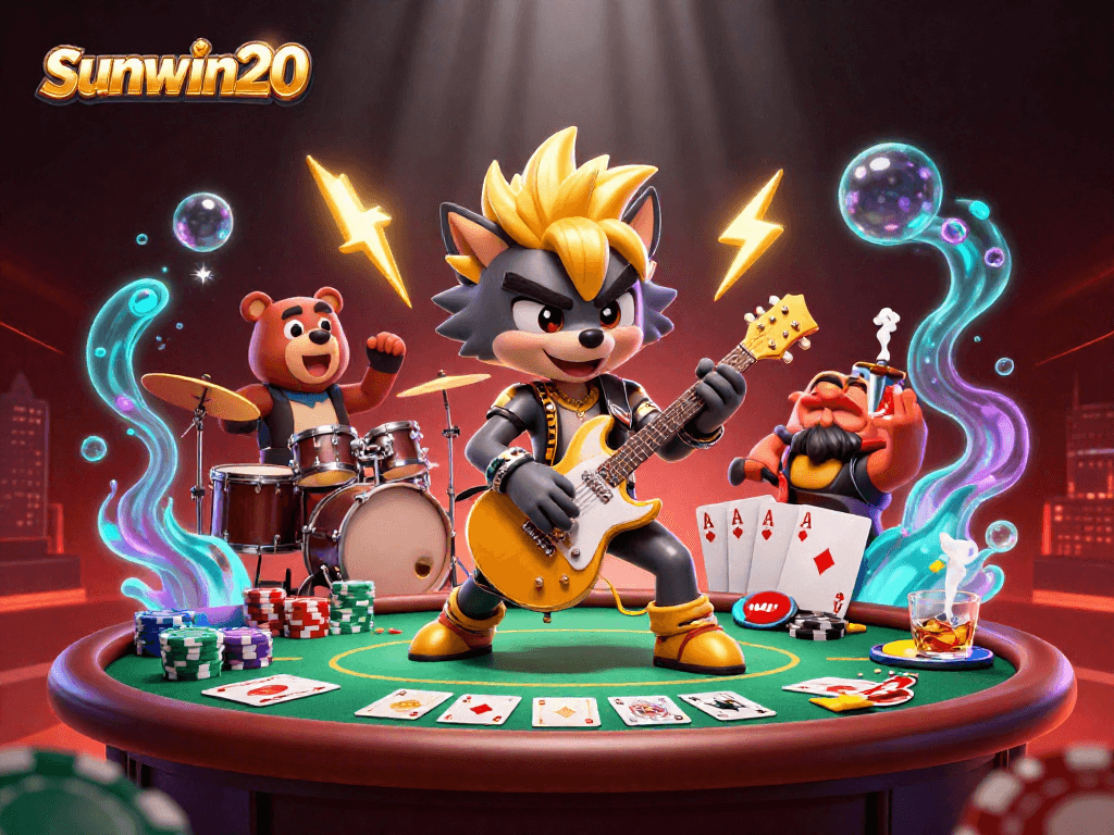 Experience the excitement of sunwin20 with a dynamic casino scene showcasing a rock star wolf and drummer bear