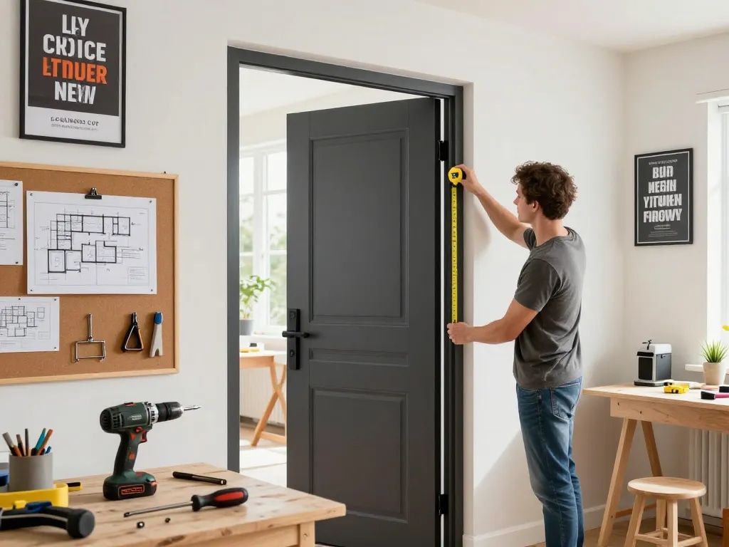 Stilvolle Nebeneingangstür-Installation in einer hellen Werkstatt mit Werkzeugen und architektonischen Plänen.