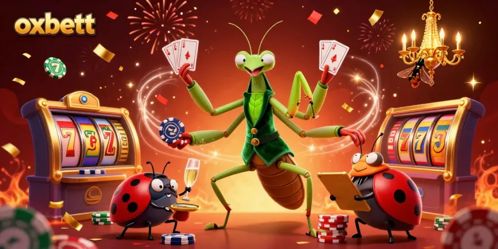 Experience thrilling gameplay at oxbett with vibrant characters and casino-themed elements in a festive scene.