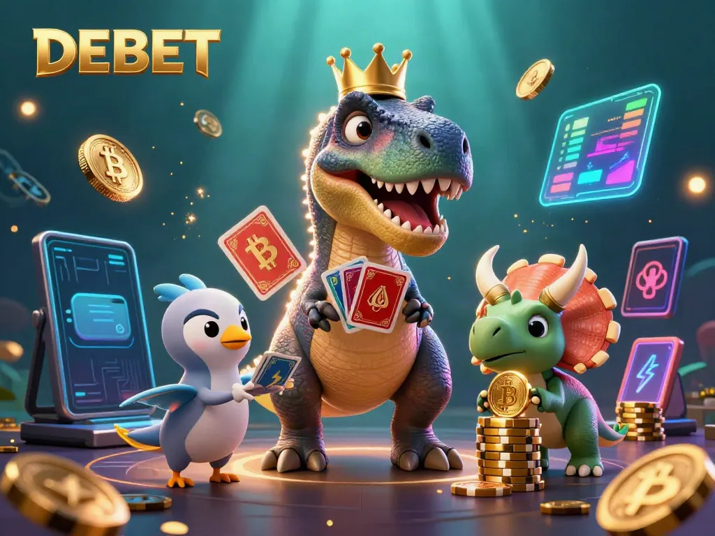 Experience the vibrant world of DEBET with dynamic characters playing games and currency elements.