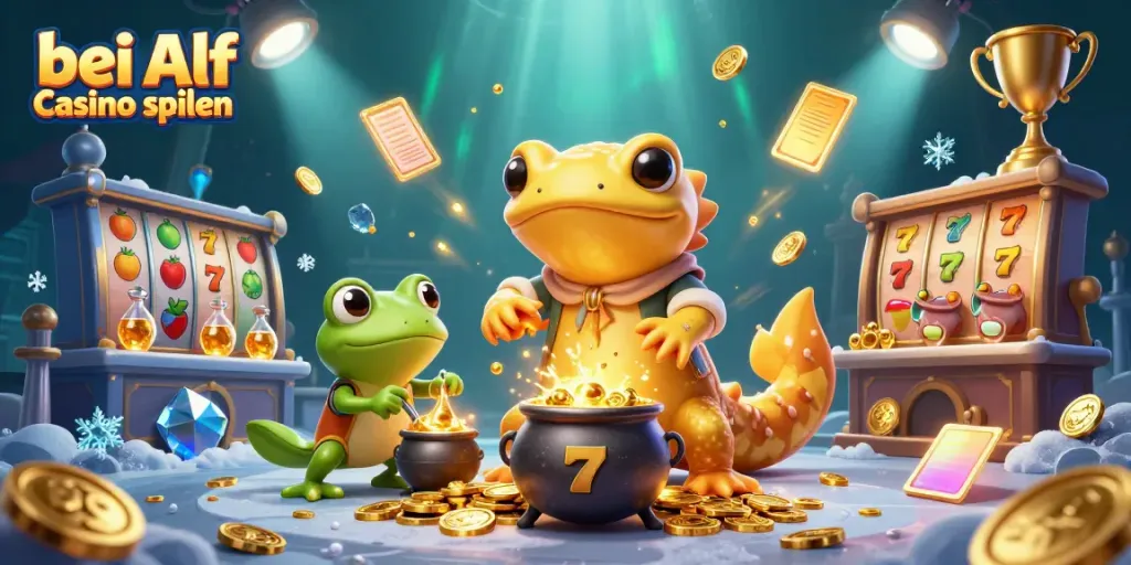 Bei Alf Casino spielen: Lebendige Illustration eines goldenen Alchemisten mit Casino-Elementen und einladender Atmosphäre.