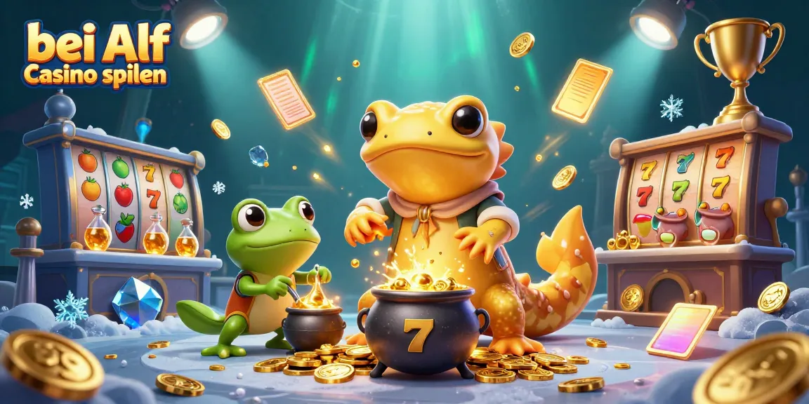 Bei Alf Casino spielen: Lebendige Illustration eines goldenen Alchemisten mit Casino-Elementen und einladender Atmosphäre.