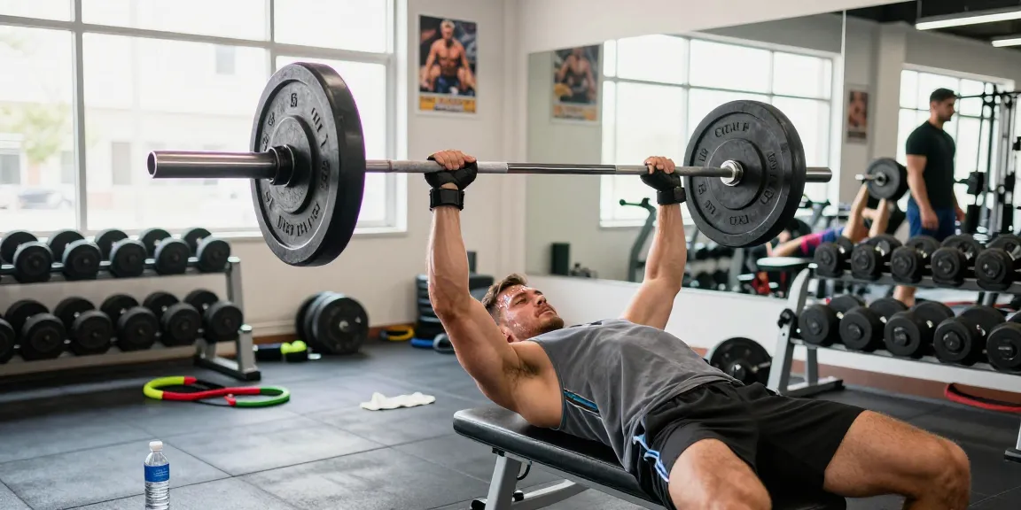 Bodybuilder im Anabolika Shop beim Krafttraining mit Langhantel und Equipment in einem hellen Fitnessstudio.