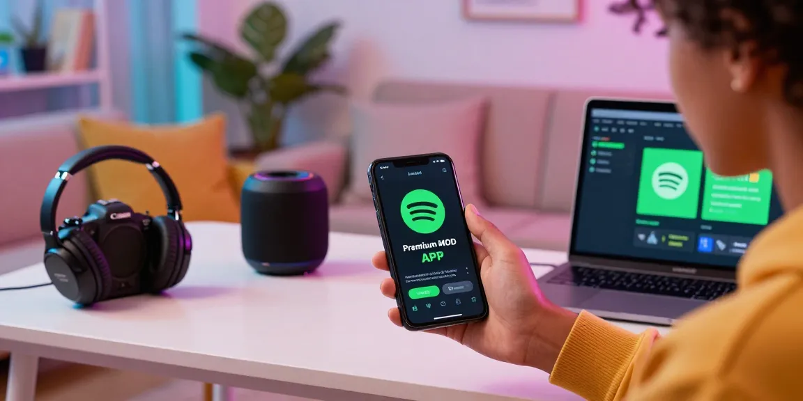Engaging scene of a user downloading the spotify mod apk on a vibrant Android device, highlighting modern tech accessories in a dynamic atmosphere.
