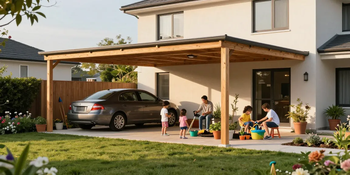 Praktischer Carport im Garten, umgeben von Familie und Gartenarbeiten.