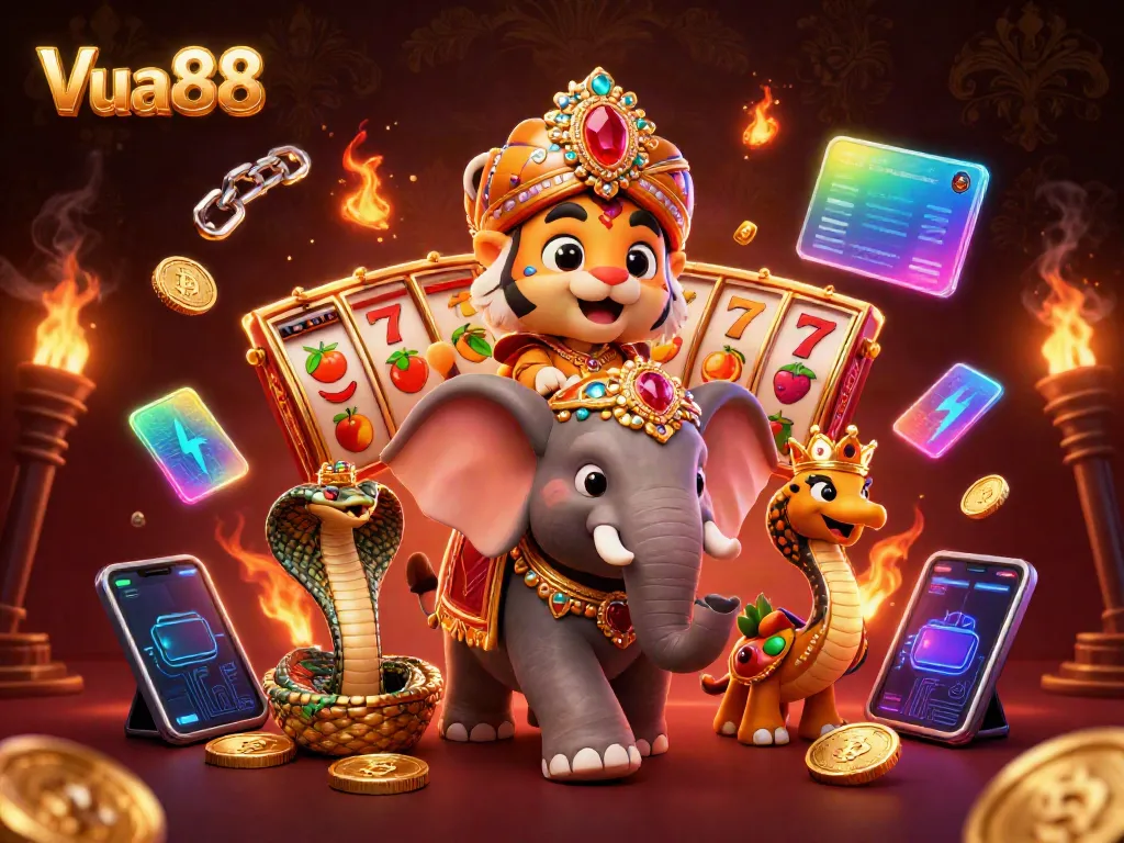 Experience Vua88 with vivid 3D casino characters amidst vibrant slot reels and crypto elements.