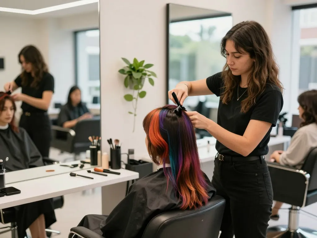 Cabeleireiro feminino estilizando cabelos em um ambiente de salão vibrante com decoração moderna.