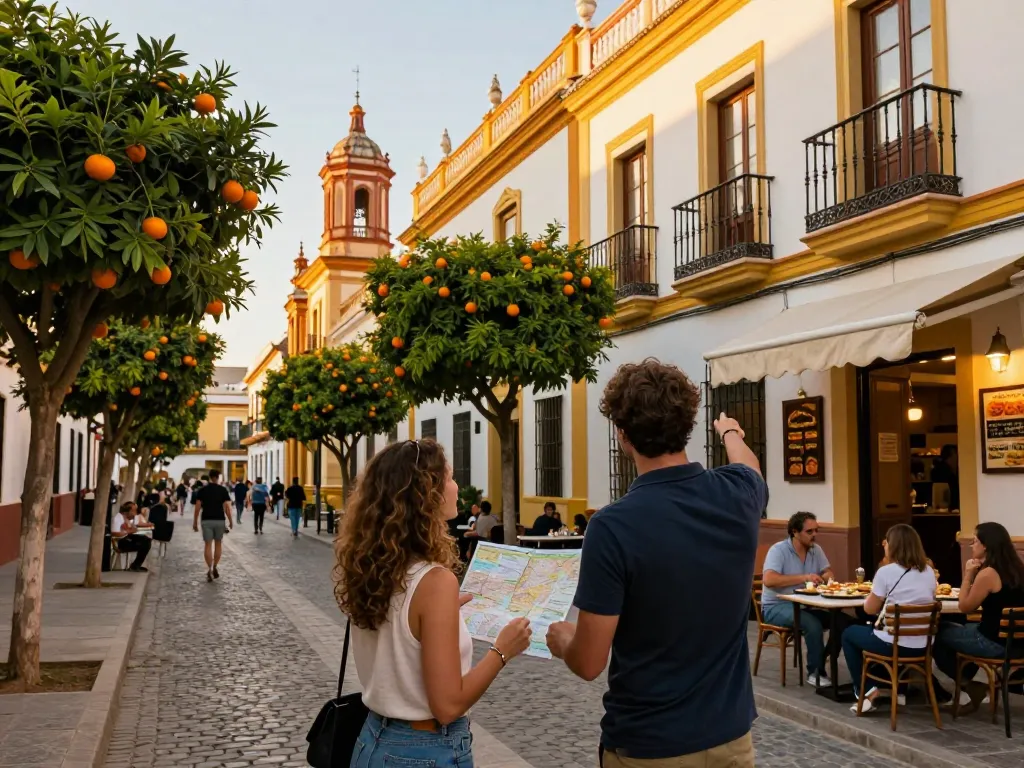 Reisetipps Sevilla - Entdecken Sie die lebhaften Straßen Sevillas mit Tapas und charmanten Architekturen.