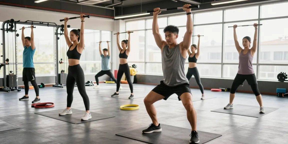Training im Astera Shop mit Athleten in einem modernen Fitnessstudio, die Gewichte heben und Yoga praktizieren.