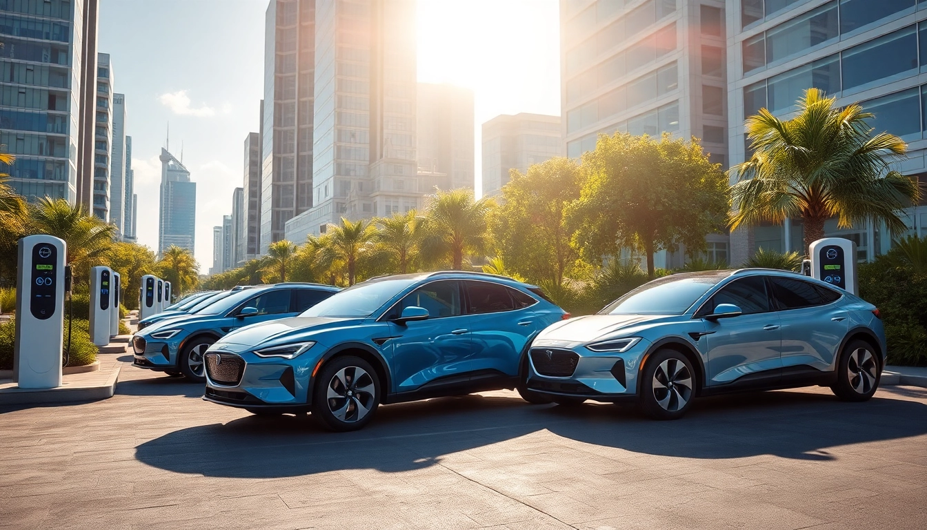 Elektroautos in einer futuristischen Stadt mit modernen Ladesäulen und strahlendem Licht.