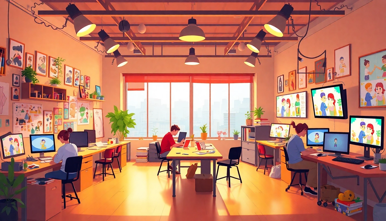 Creating animated visuals at an Animation Studio Berlin with colorful designs and collaborative workspaces.