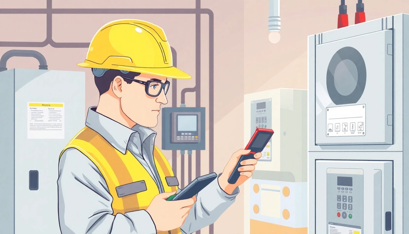 Technician performing DGUV V3 Prüfung on electrical equipment, highlighting safety compliance and inspection tools.