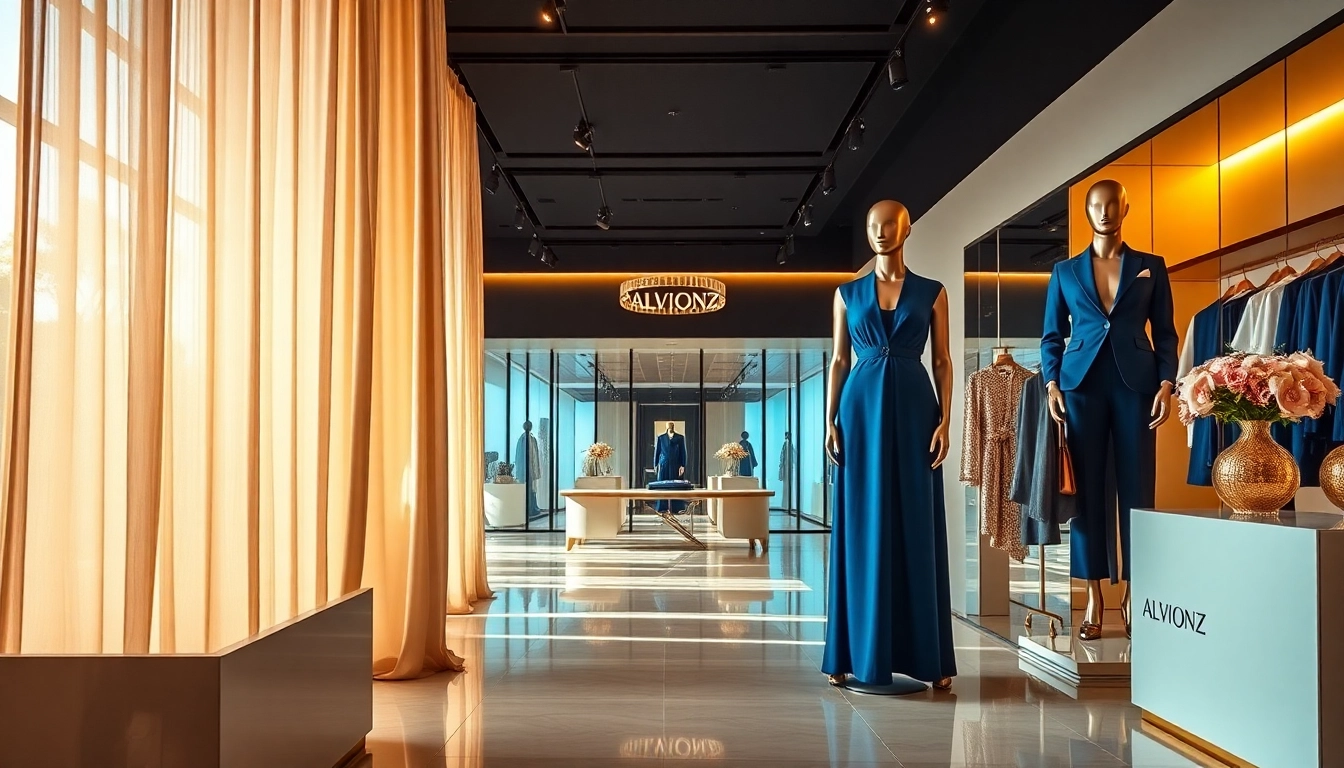 Alvionz luxury fashion store featuring elegant displays and exquisite clothing.