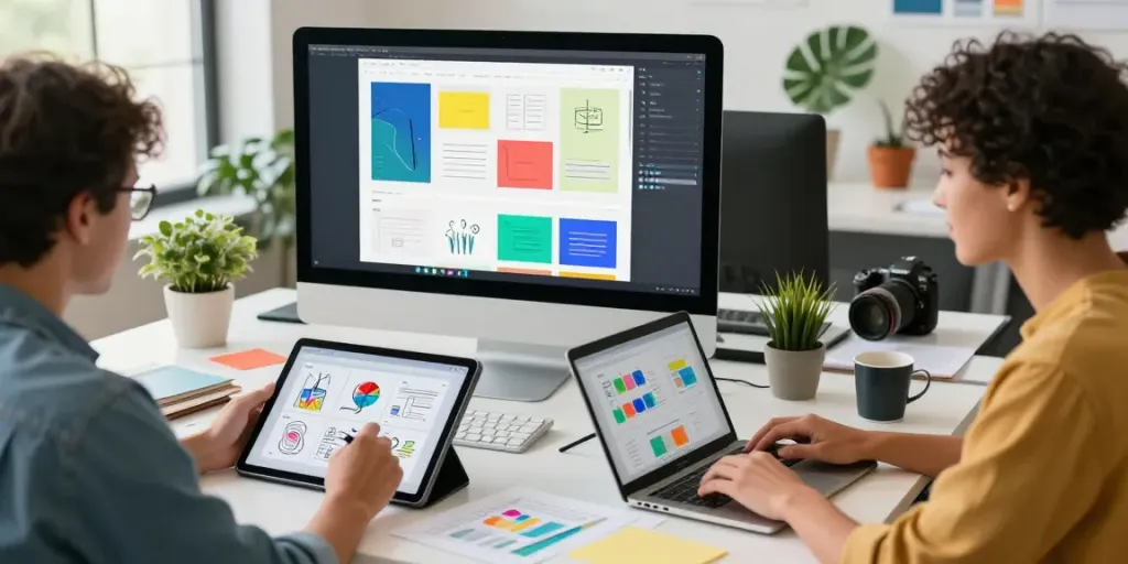 Webdesign Saarland: Kreatives Team arbeitet an modernen Webseiten in hellem Studio.