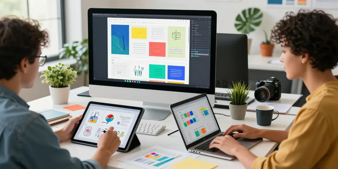 Webdesign Saarland: Kreatives Team arbeitet an modernen Webseiten in hellem Studio.