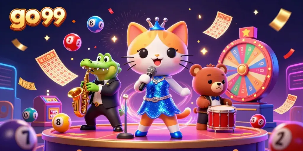 Experience the excitement of go 99 with vibrant casino elements and animated characters.