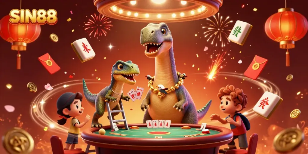 SIN88 brings excitement with a vibrant casino scene featuring engaging characters and festive elements.