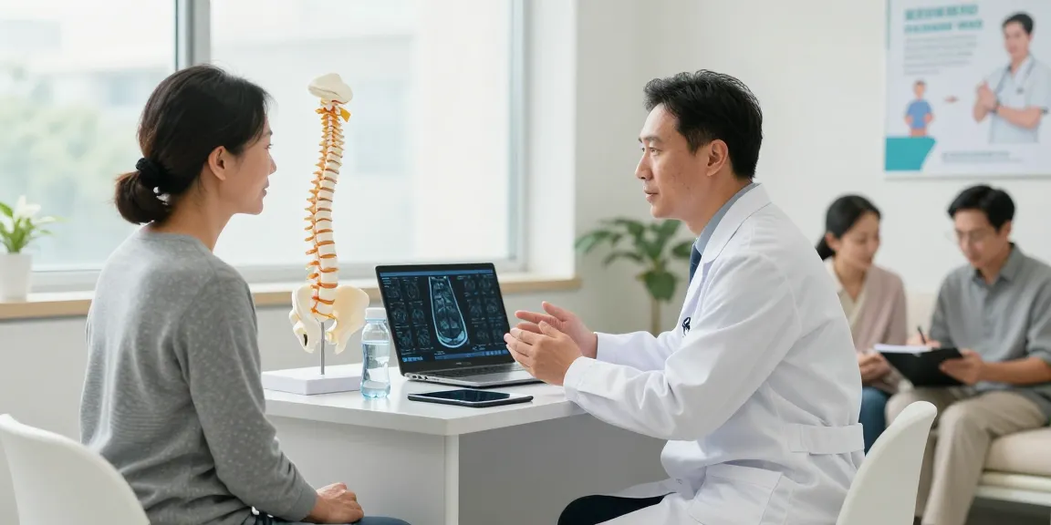 Boyun fıtığı ameliyatı consultation scene highlighting patient-doctor discussion in a modern clinical environment.