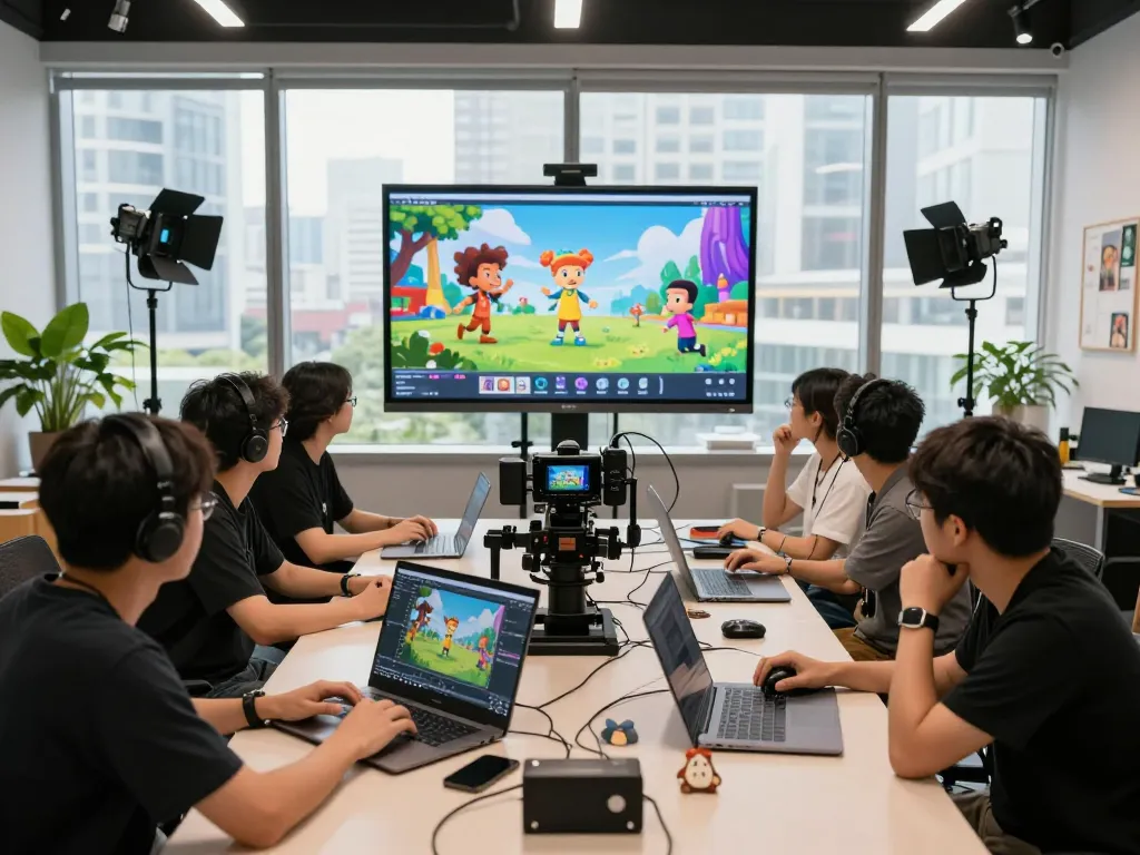 Dynamic team collaborating on motion control animations in a bright studio.