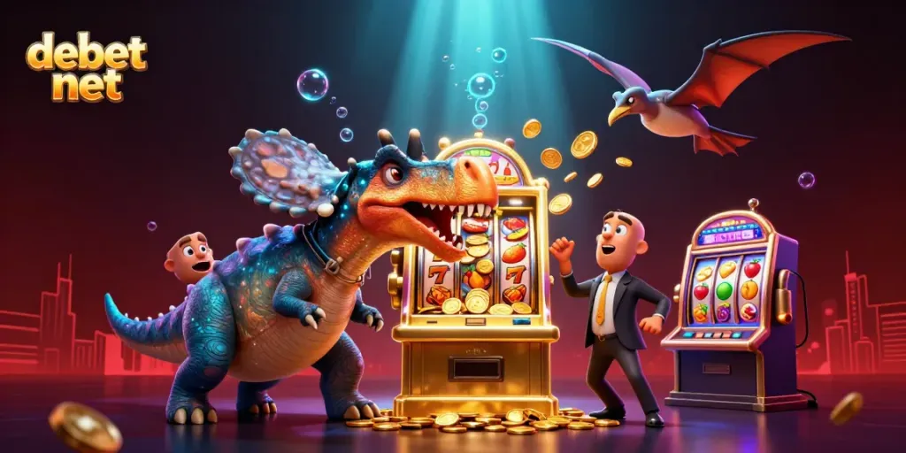 Experience the thrill of winning at debet net with dynamic cartoon characters in a vibrant casino scene.