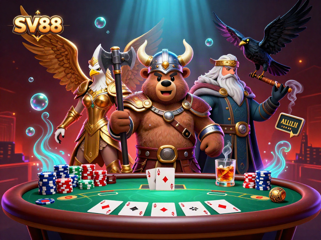 Engaging SV88 casino scene with cartoon Viking bear, eagle, poker elements, and vibrant energy.