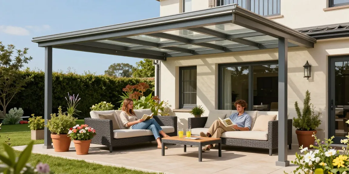 Moderne Terrassenüberdachung mit gemütlichem Outdoor-Living-Bereich, Pflanze und frischer Limonade