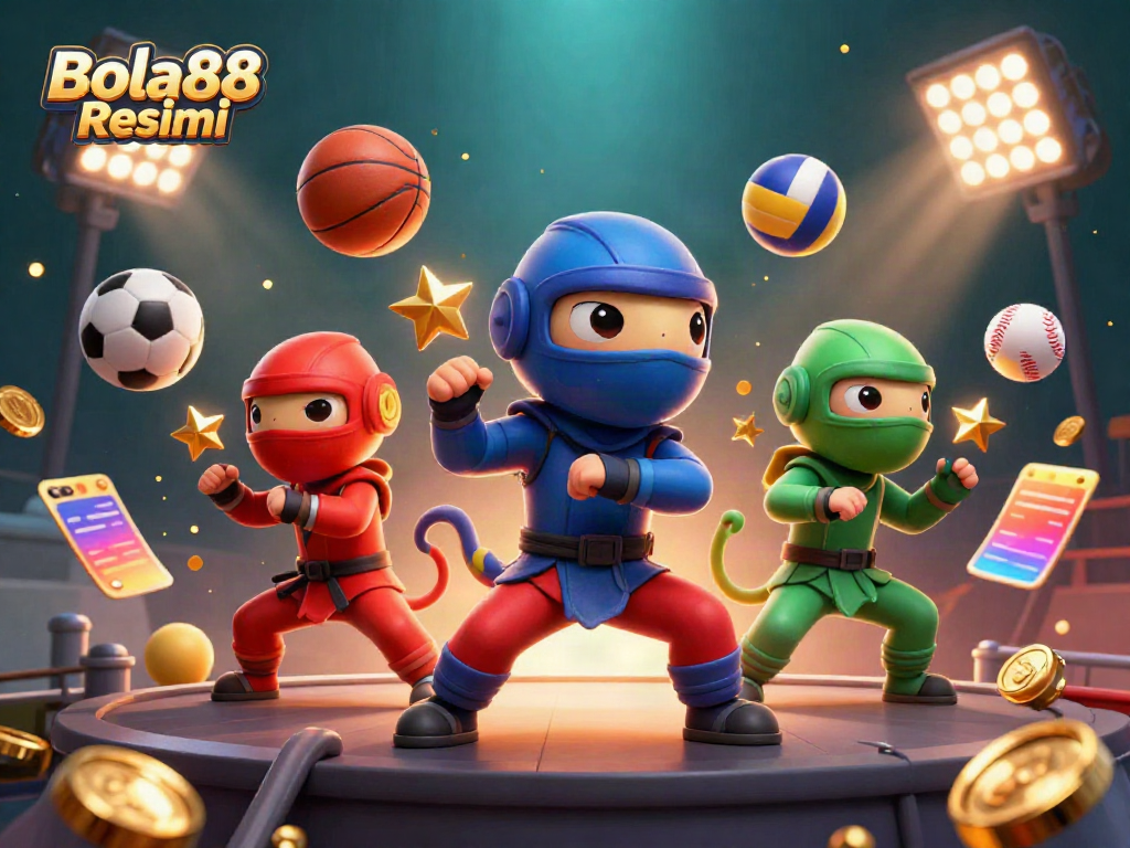 Engage with Bola88 Resmi as the ninja chameleon team celebrates sports betting victory on a vibrant ultra-detailed scene.