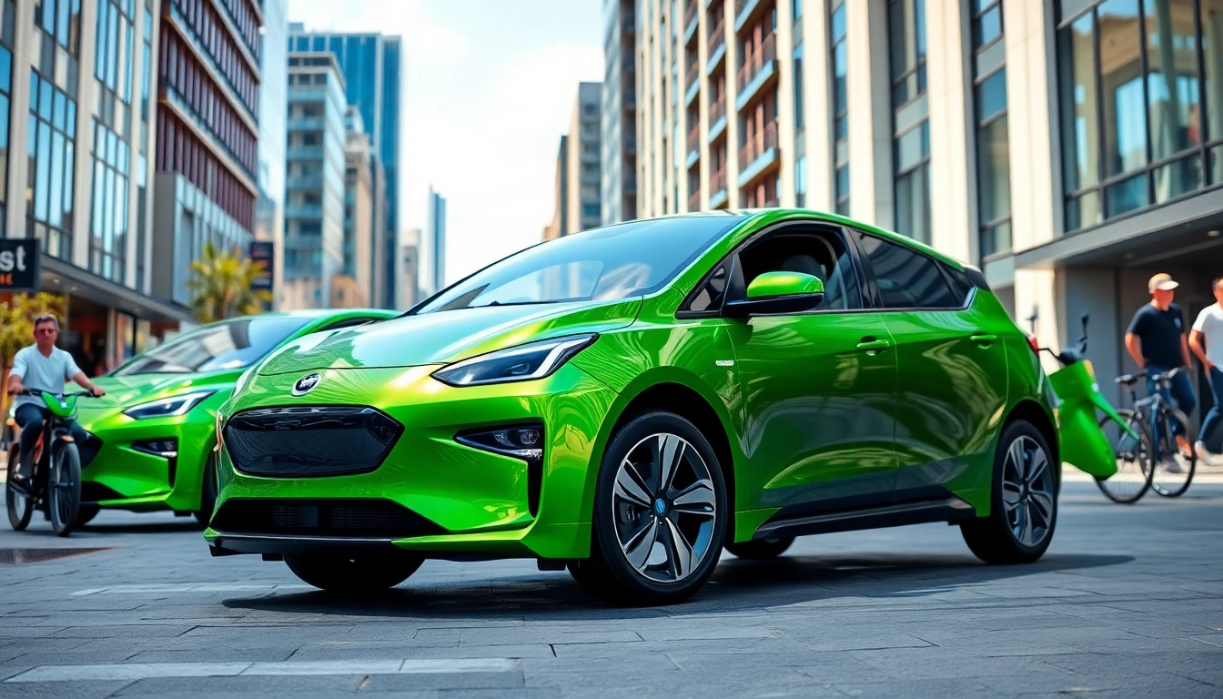 Elektroautos parked in a vibrant urban setting showcasing modern design.