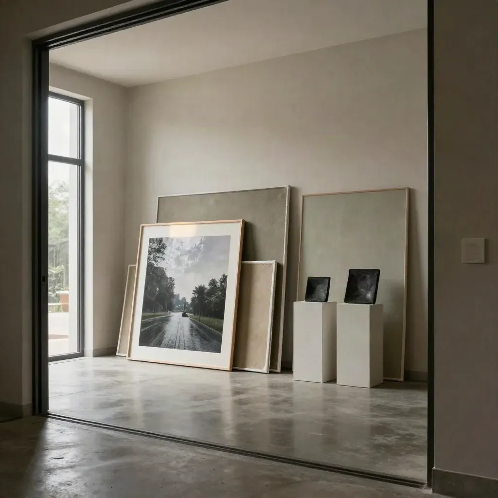 Galerieraum mit Bildern, Plinthen und sanftem Regenlicht im Eingangsbereich.