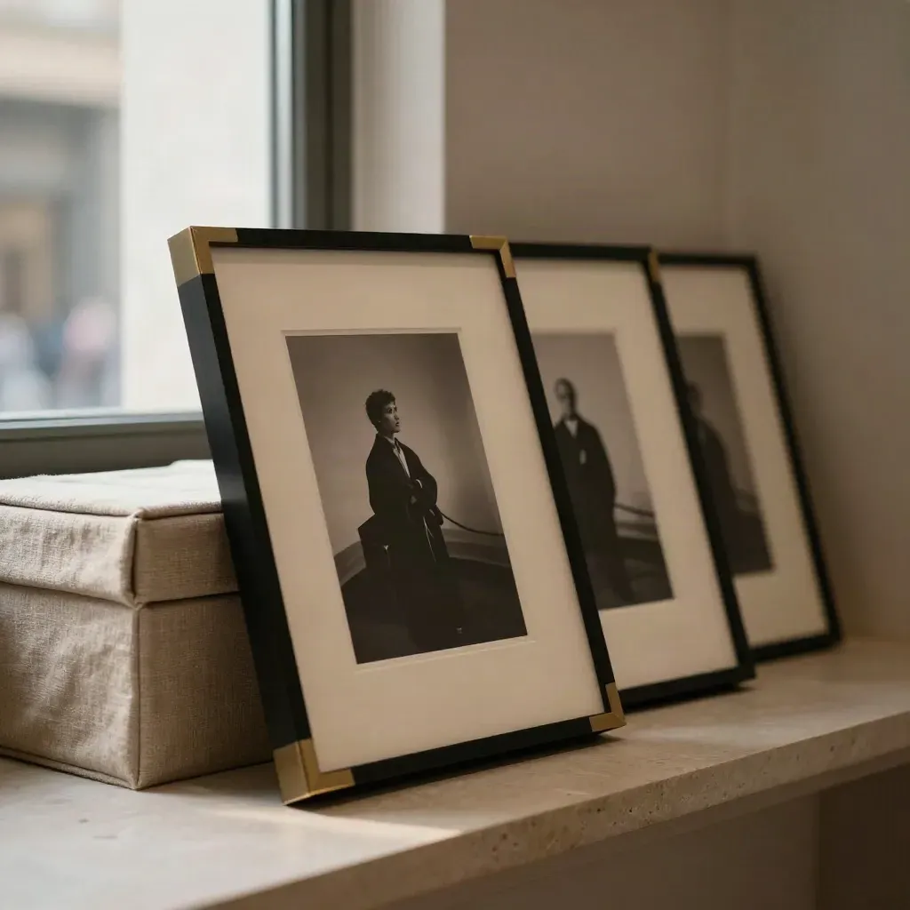 Drei gerahmte Fotoeditionen auf Kalkstein mit Editionsbox und gefaltetem Tuch im warmen Galerielicht.