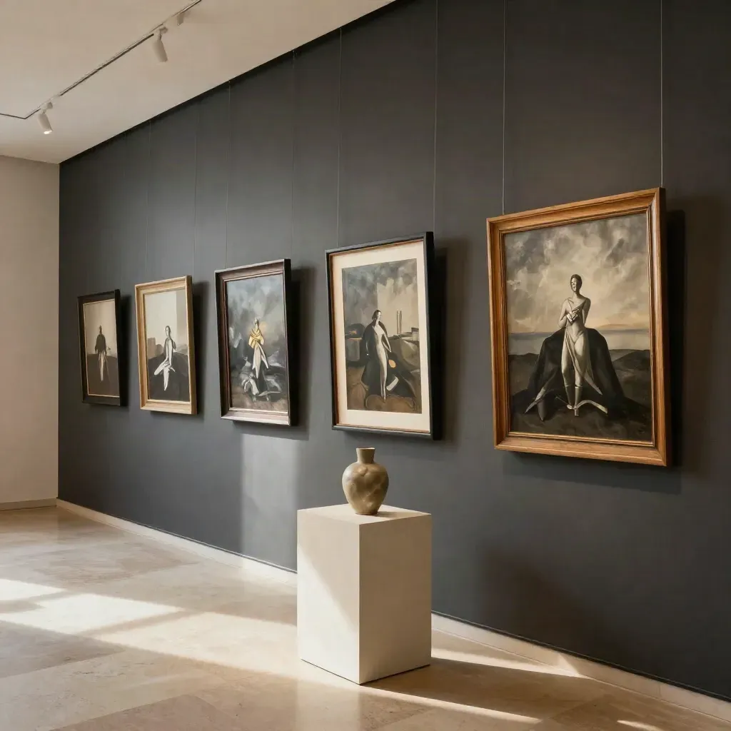 Galeriewand mit sechs gerahmten Werken und Sockel in warmem Licht.